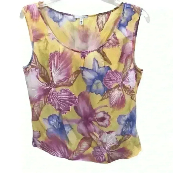 Escada Floral Print Multicolor Yellow Women’s Medium 40 Sleeveless Silk Blouse - Picture 1 of 7